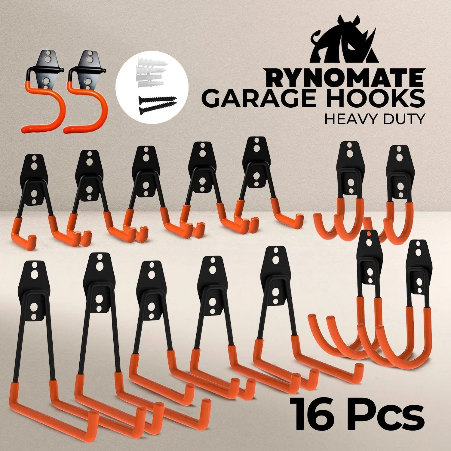 16 Pack Heavy Duty Non-Slip Garage Hooks, Multiple Sizes - RYNOMATE