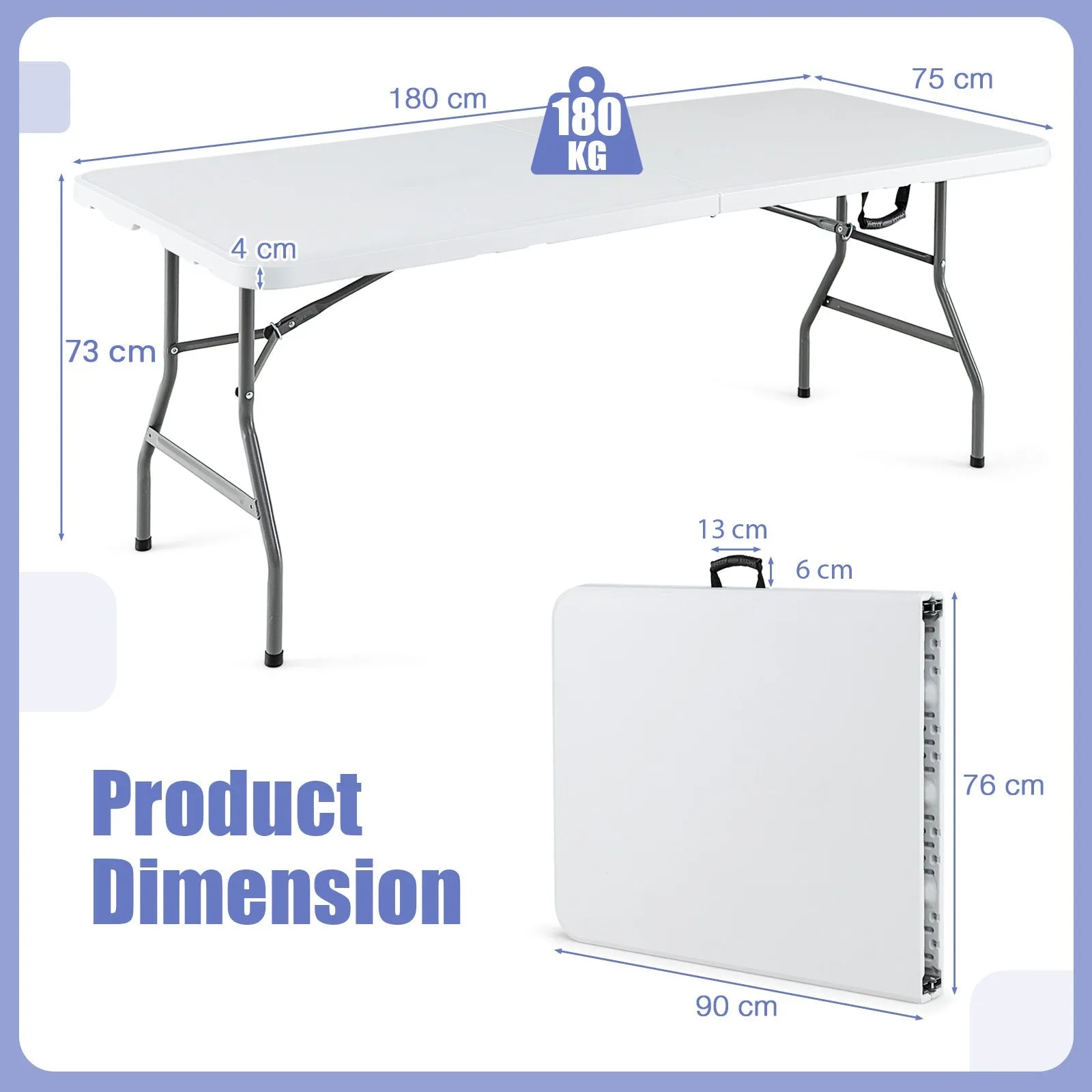 180 CM Folding Plastic Dining Table with Handle Metal Legs and Non-slip Foot Pads