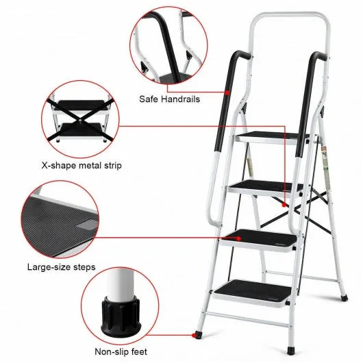 2-in-1 Non-slip 4 Step Folding Stool Ladder with Handrails