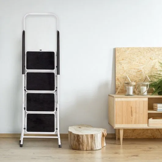 2-in-1 Non-slip 4 Step Folding Stool Ladder with Handrails