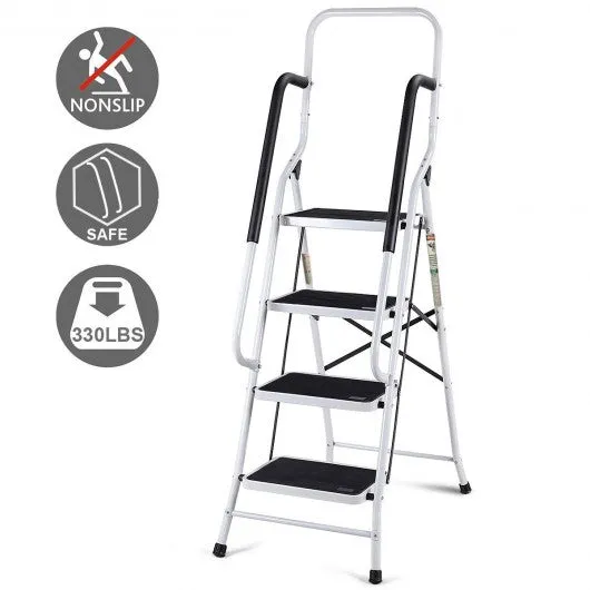 2-in-1 Non-slip 4 Step Folding Stool Ladder with Handrails