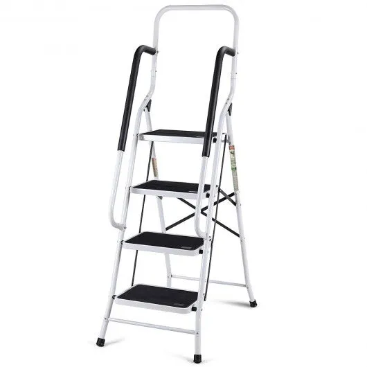 2-in-1 Non-slip 4 Step Folding Stool Ladder with Handrails