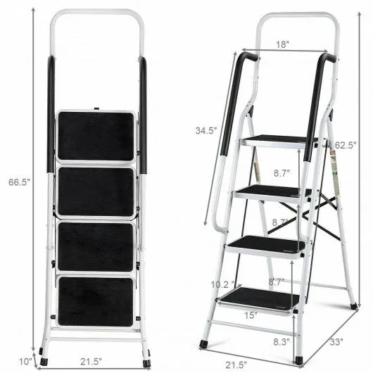 2-in-1 Non-slip 4 Step Folding Stool Ladder with Handrails