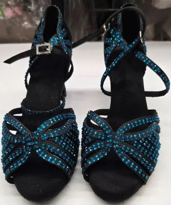 2.75" Abelia -- Women's Latin Sandal -- Black/Blue Satin