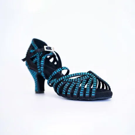 2.75" Abelia -- Women's Latin Sandal -- Black/Blue Satin