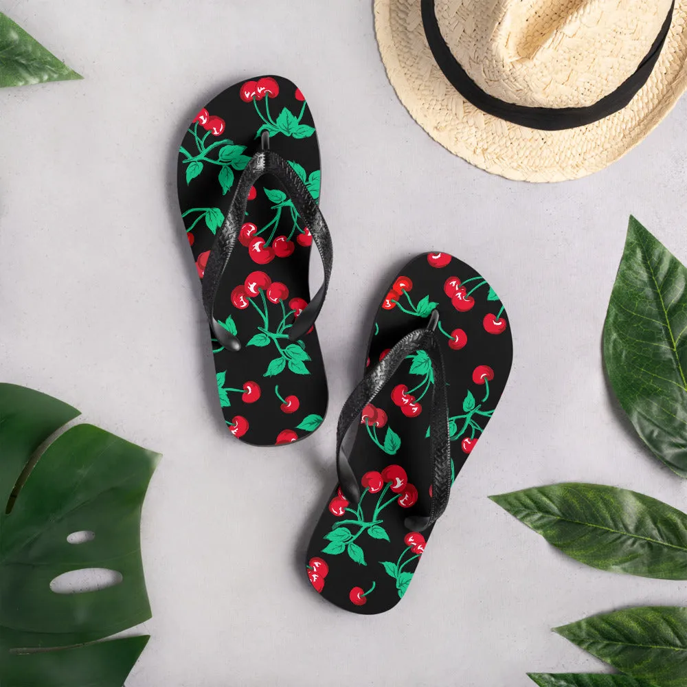 90s Vintage Thong Flip-Flop Beach Sandals in Black Cherry Print | Pinup Couture