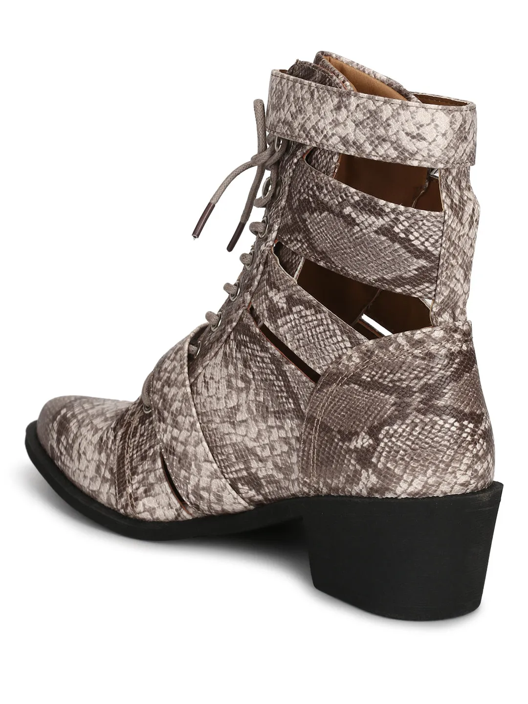 Beige Snake Buckled Pointed Toe Ankle Boots