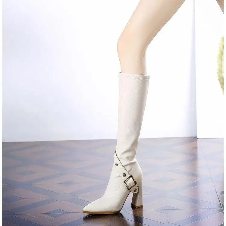 Belt Buckle Pointed Knee High Women Boots