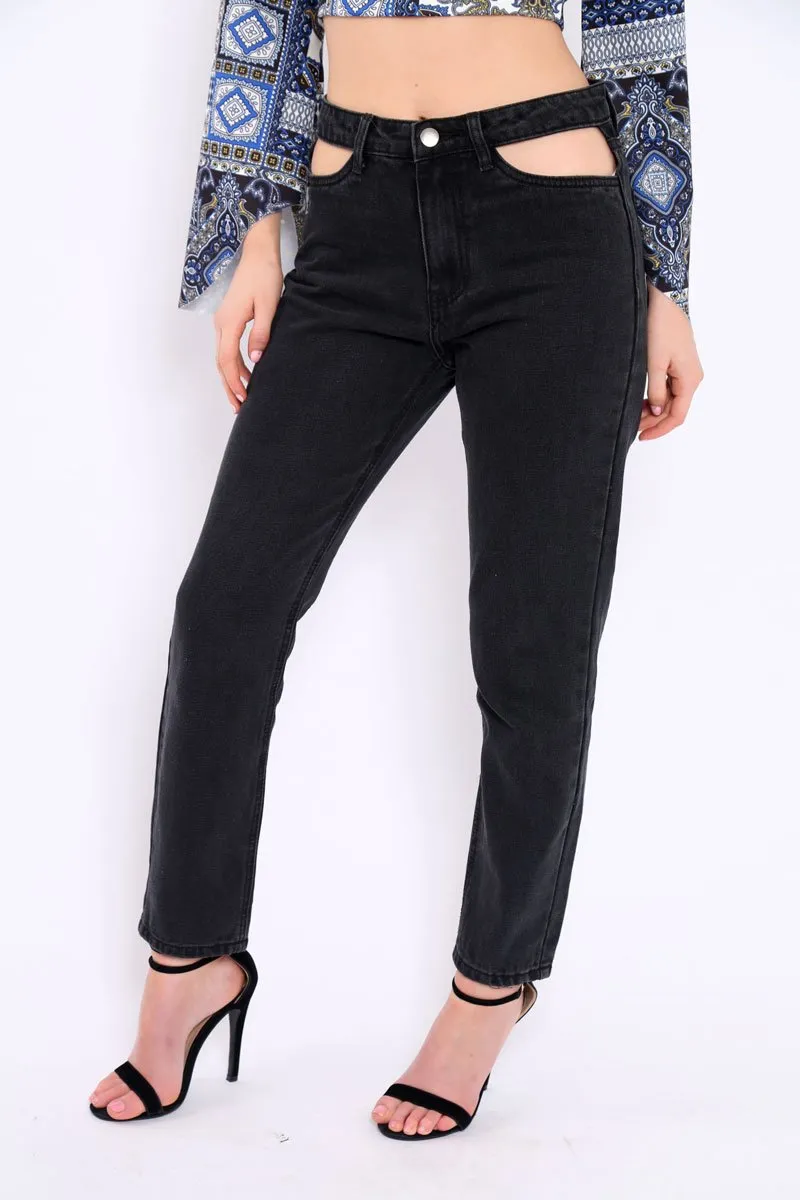 Black Denim Cut Out Pocket Boyfriend Jeans - Jaime