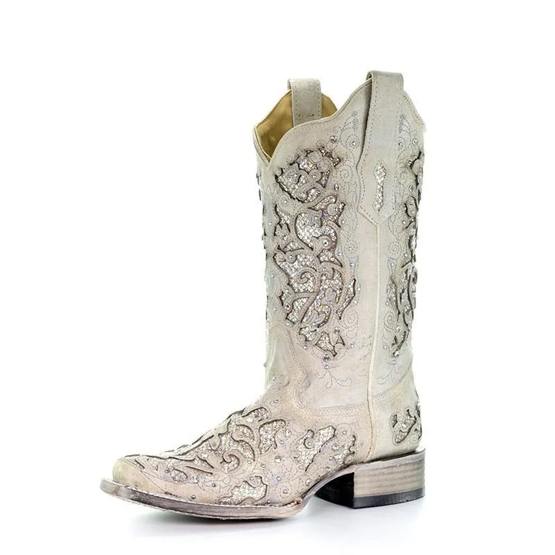 Corral White Glitter Inlay and Crystals Square Toe Style A3397