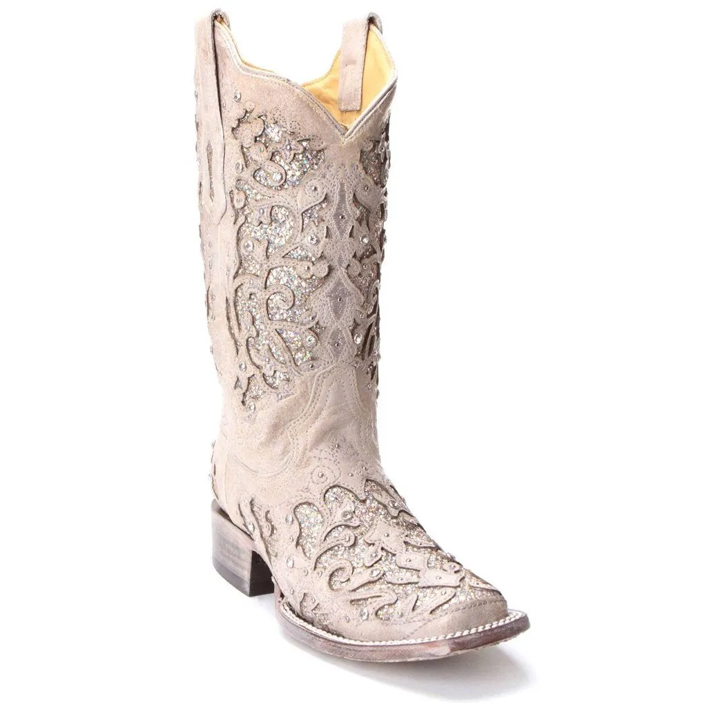 Corral White Glitter Inlay and Crystals Square Toe Style A3397