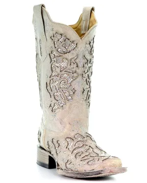 Corral White Glitter Inlay and Crystals Square Toe Style A3397