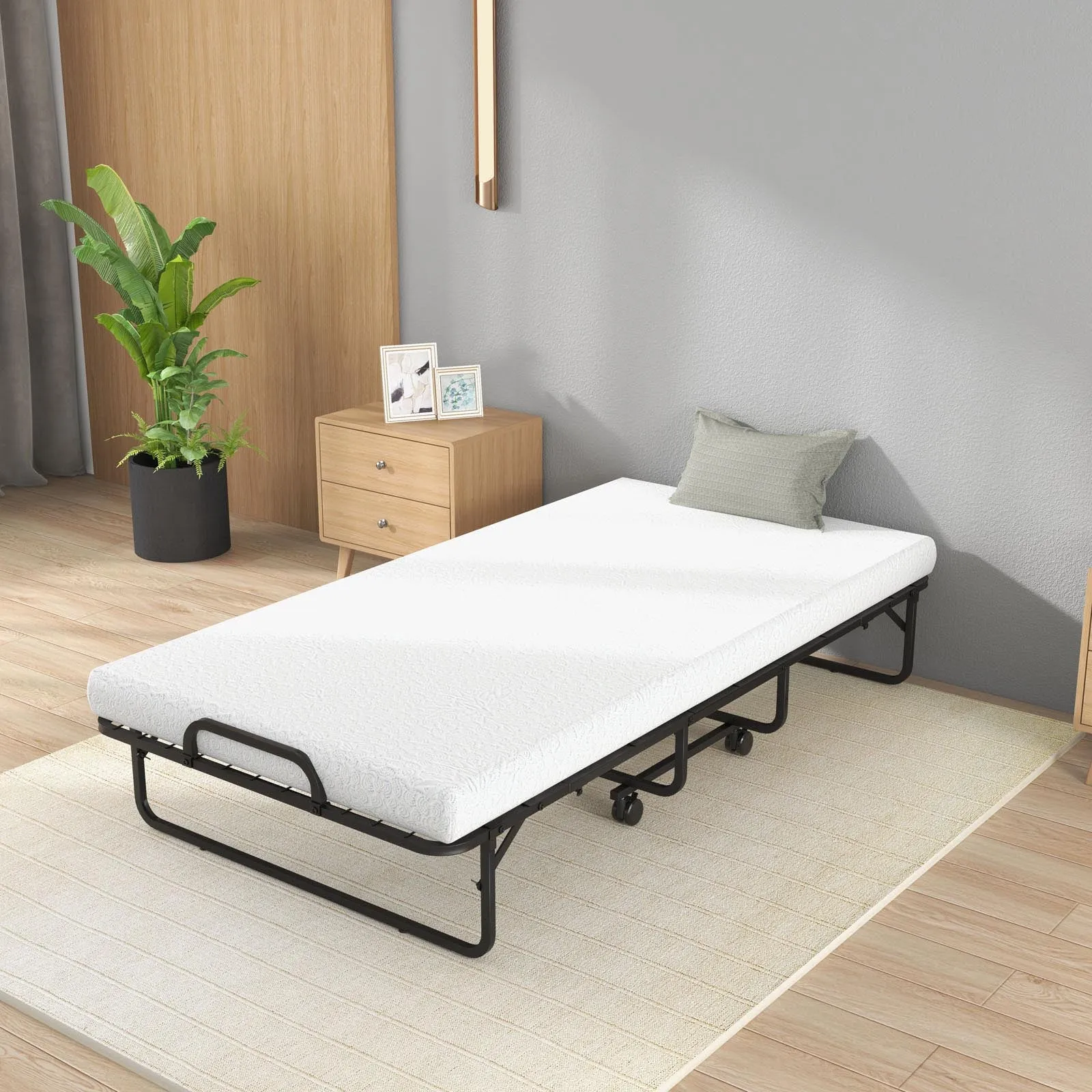 Costway Folding Bed Rollaway 75" x 38" Memory Foam Mattress Steel Frame Hook and Loop Fasteners New