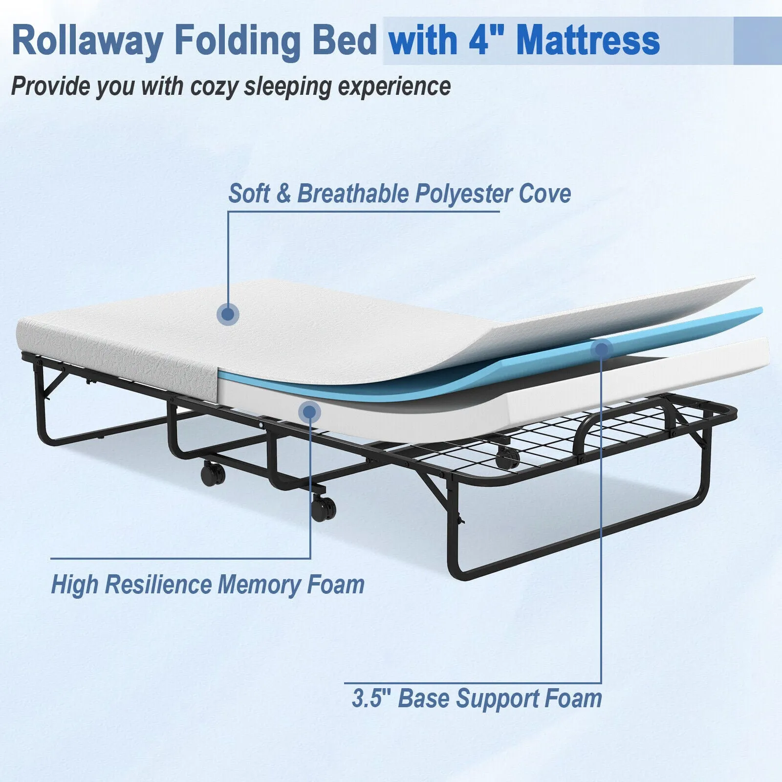 Costway Folding Bed Rollaway 75" x 38" Memory Foam Mattress Steel Frame Hook and Loop Fasteners New