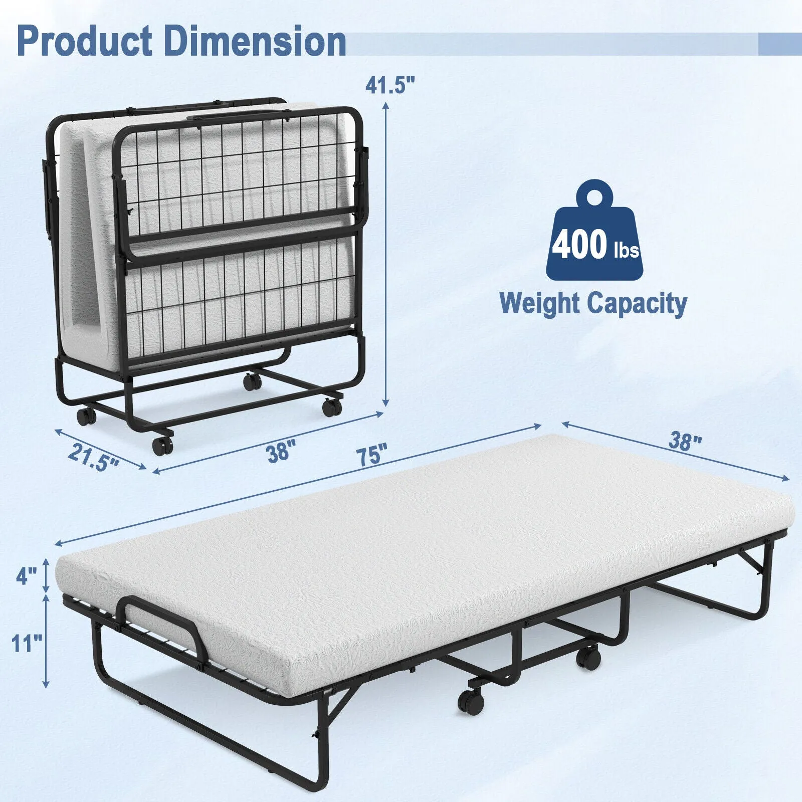 Costway Folding Bed Rollaway 75" x 38" Memory Foam Mattress Steel Frame Hook and Loop Fasteners New