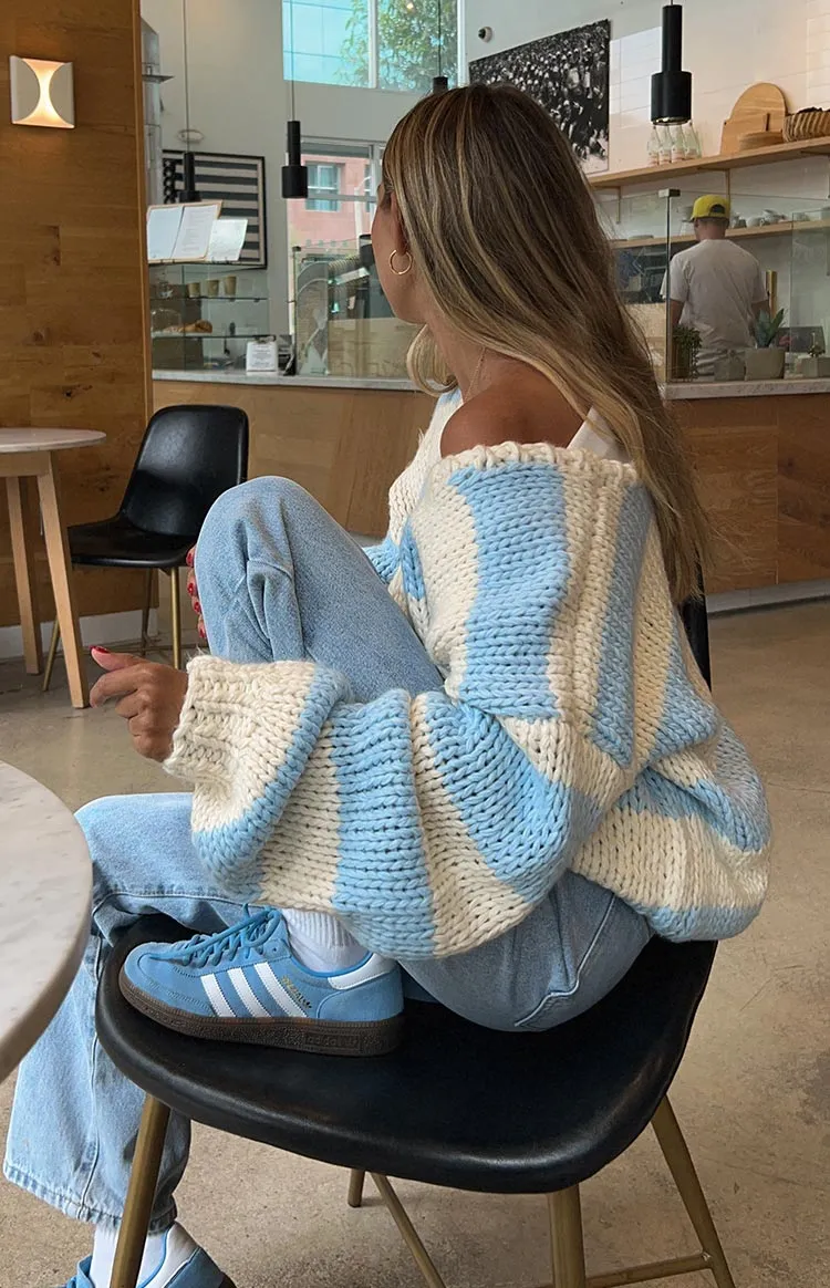 Delvey Light Blue Striped Chunky Knit Sweater