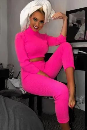 Fuchsia Rib Crop Jumper Loungewear Set - Ayriana