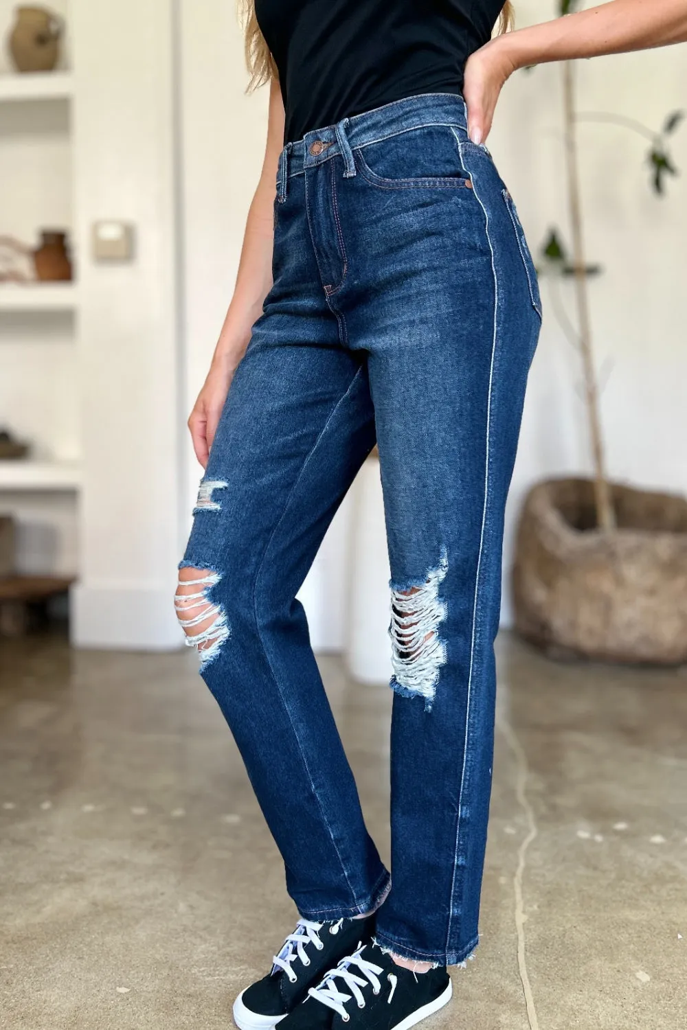 Full Size High Waist Rigid Magic Heavy Destroy Straight Jeans