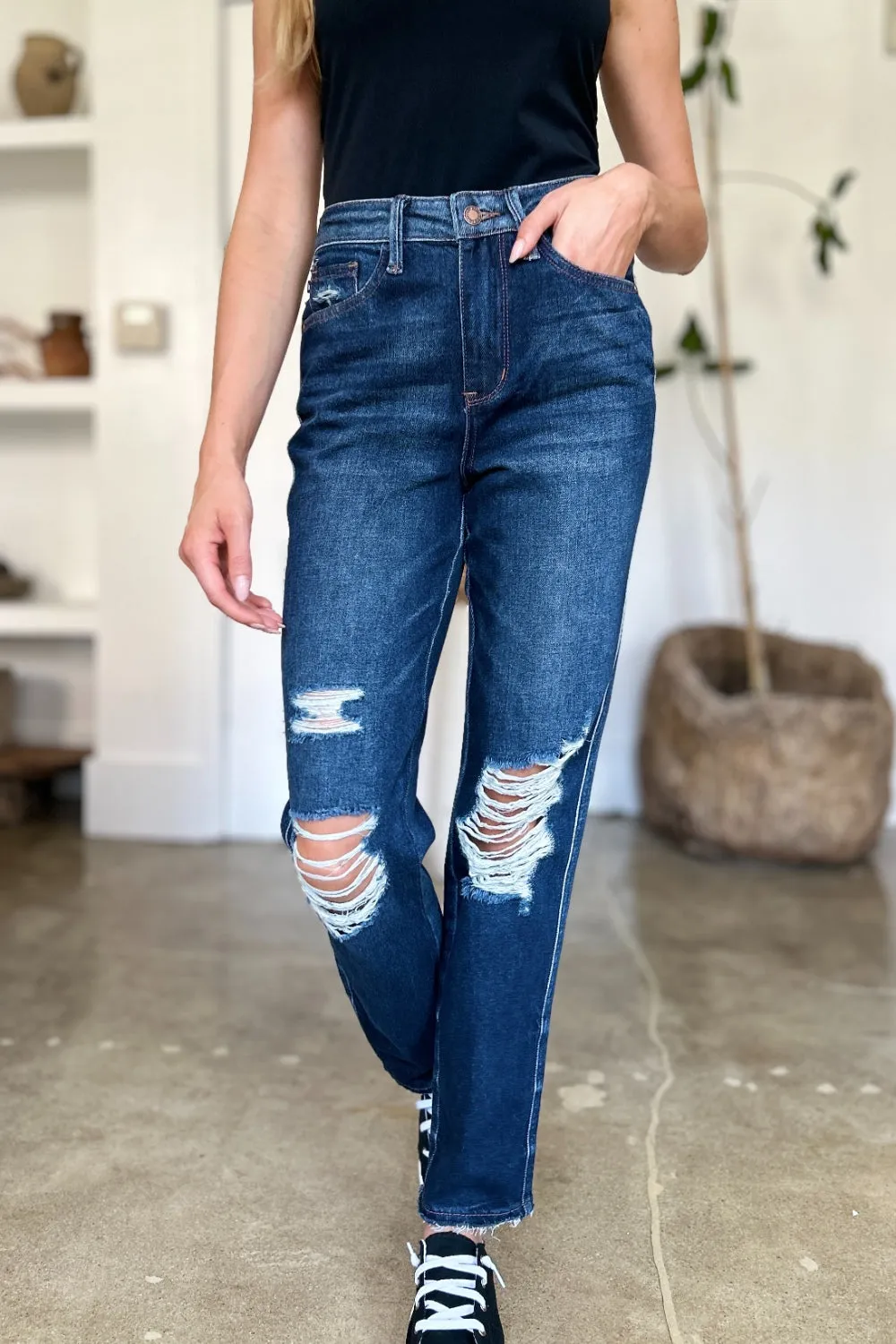 Full Size High Waist Rigid Magic Heavy Destroy Straight Jeans