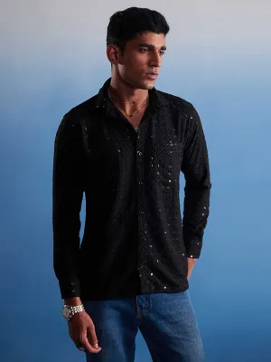 Jashvi Men's Black Rayon Embellished Shirt