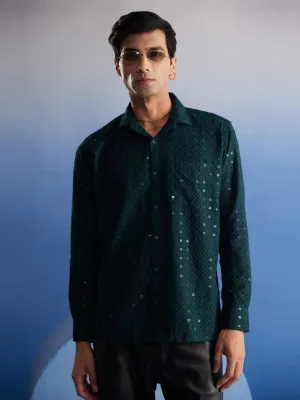 Jashvi Men's Green Rayon Embellished Shirt