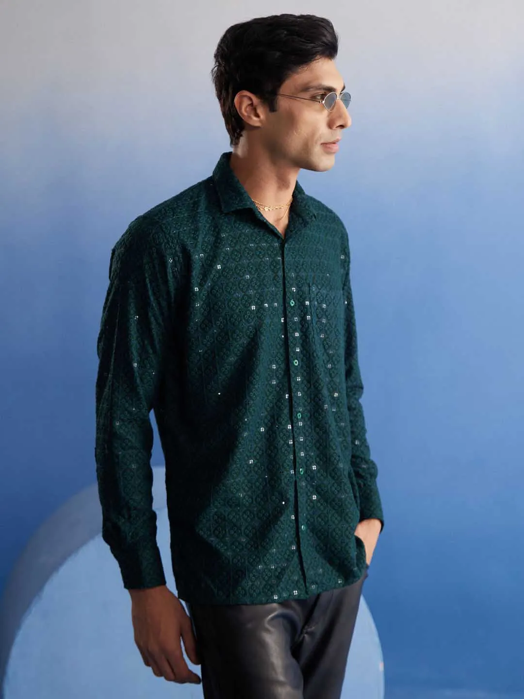 Jashvi Men's Green Rayon Embellished Shirt