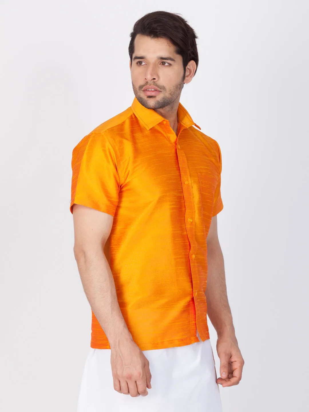 Jashvi Men's Orange Silk Blend Ethnic Shirt