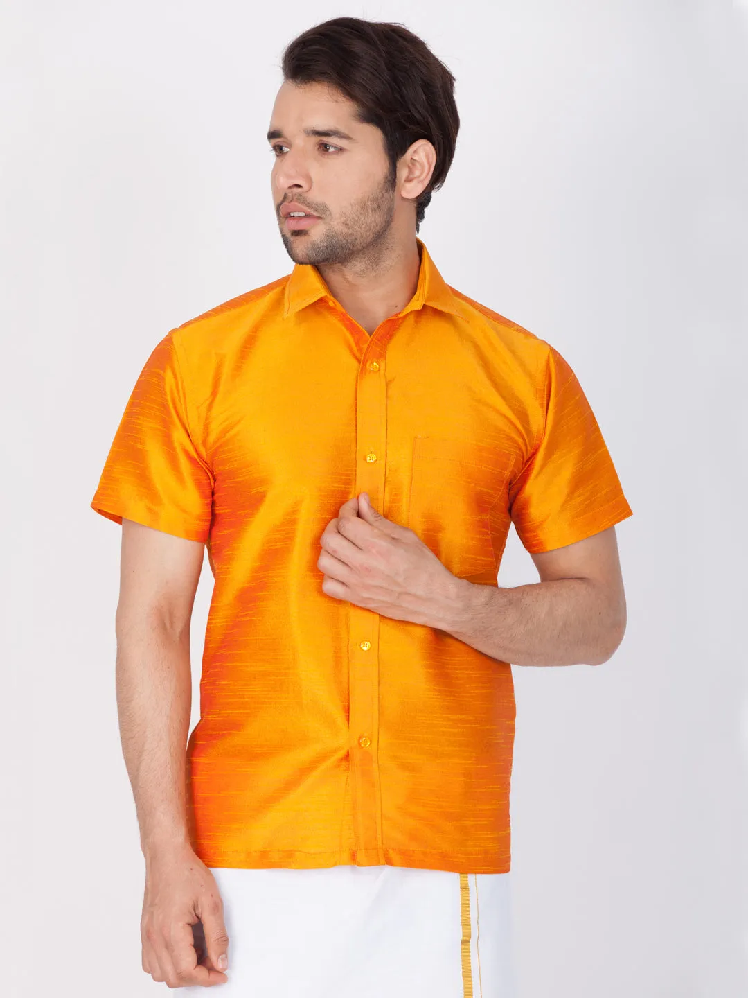 Jashvi Men's Orange Silk Blend Ethnic Shirt