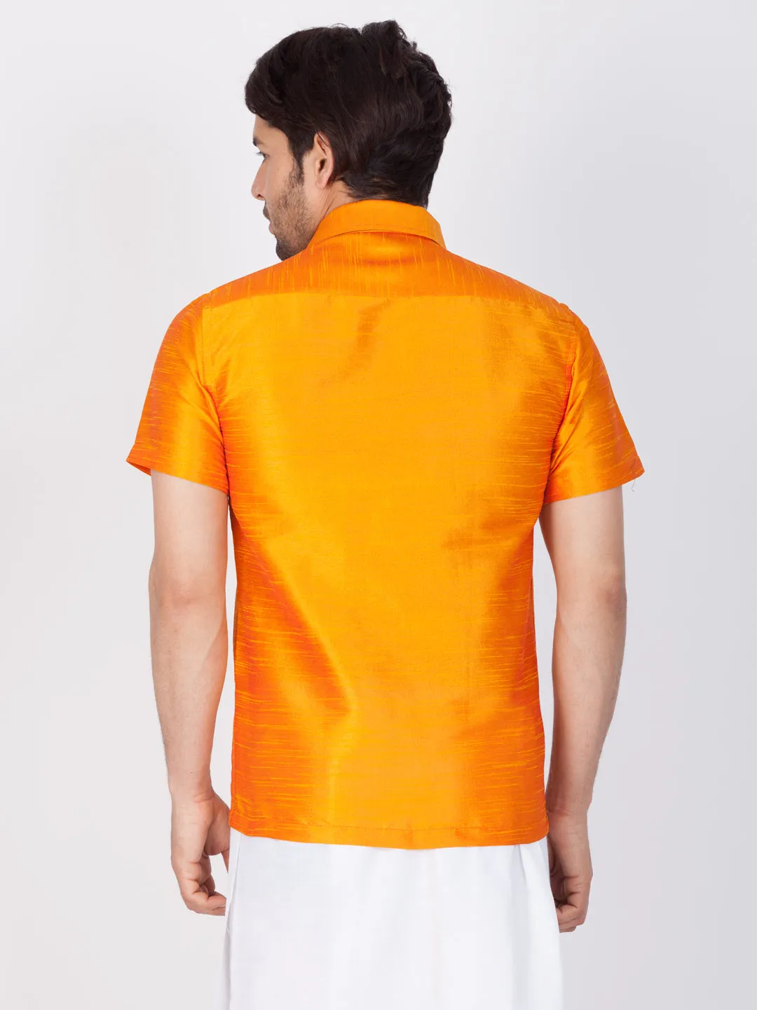 Jashvi Men's Orange Silk Blend Ethnic Shirt