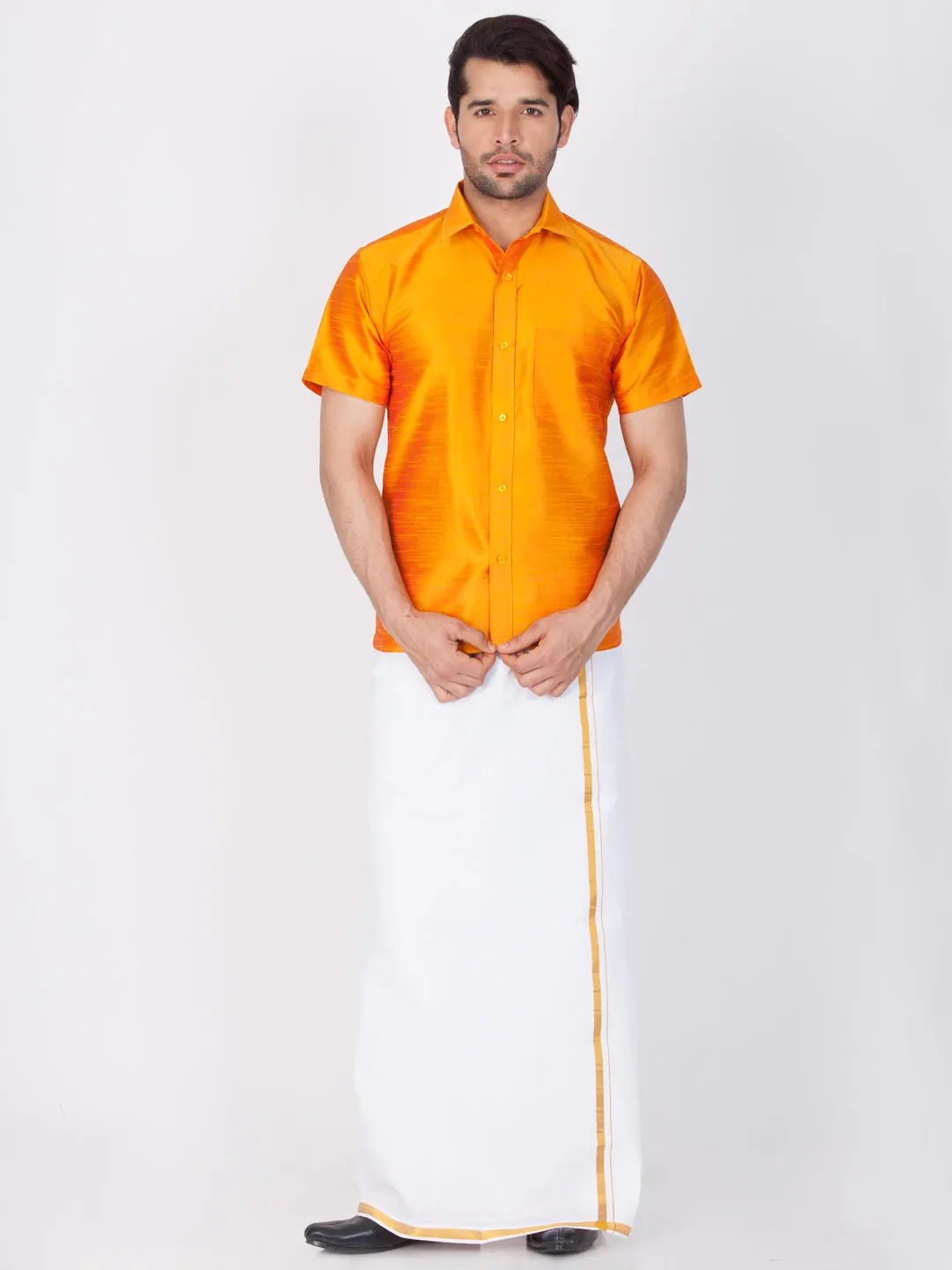 Jashvi Men's Orange Silk Blend Ethnic Shirt