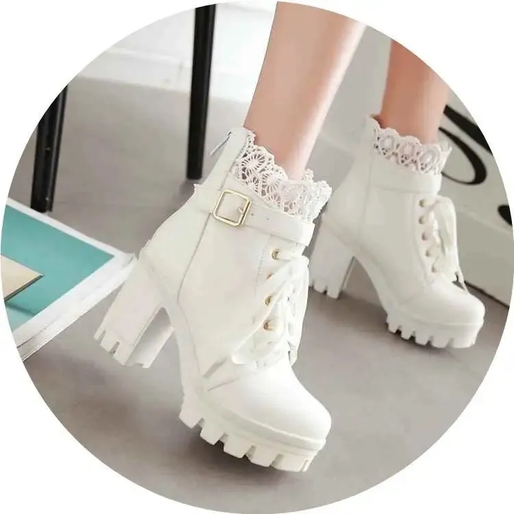 Lace-Up Martens Boots Heels with Hollow Design, 5-8cm Heels