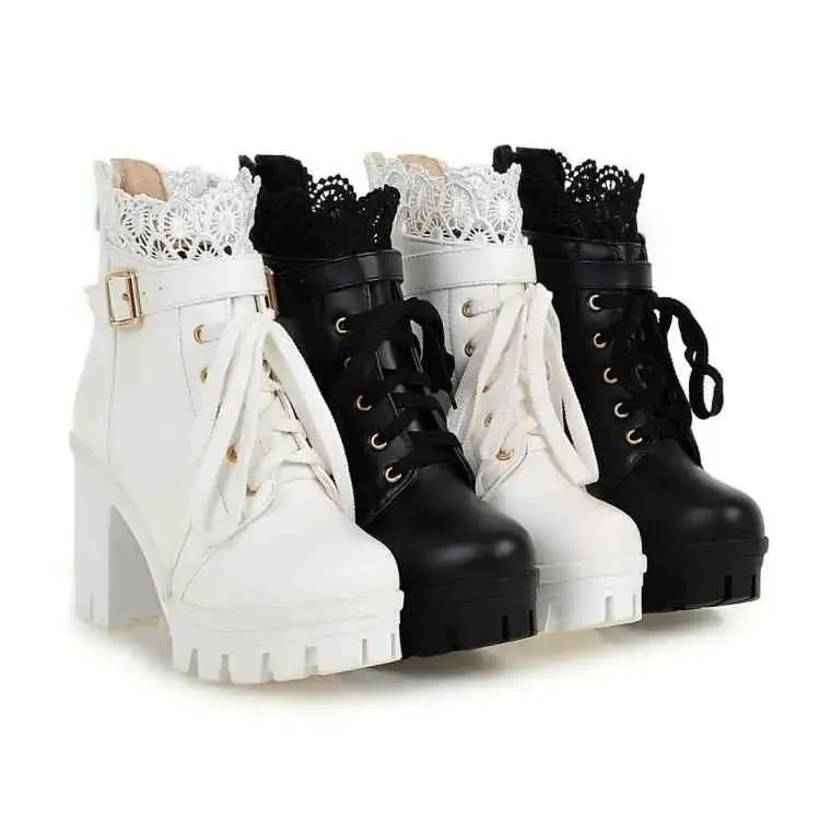 Lace-Up Martens Boots Heels with Hollow Design, 5-8cm Heels