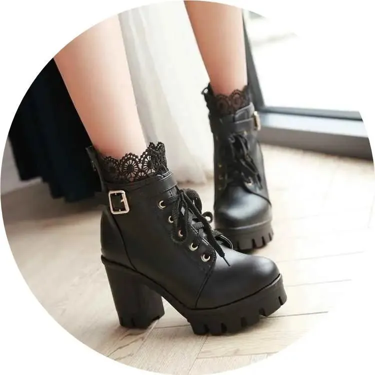 Lace-Up Martens Boots Heels with Hollow Design, 5-8cm Heels