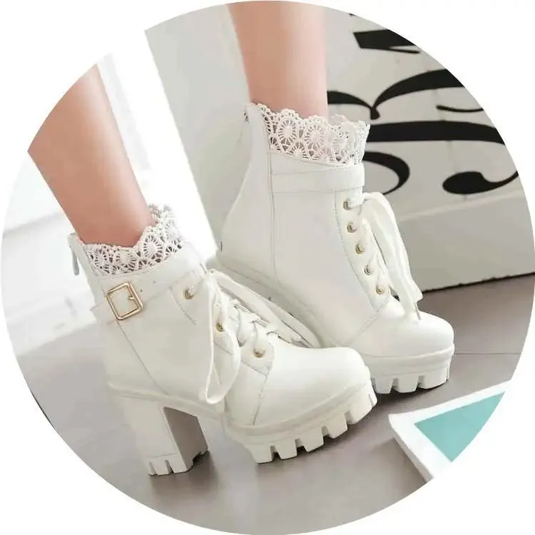 Lace-Up Martens Boots Heels with Hollow Design, 5-8cm Heels