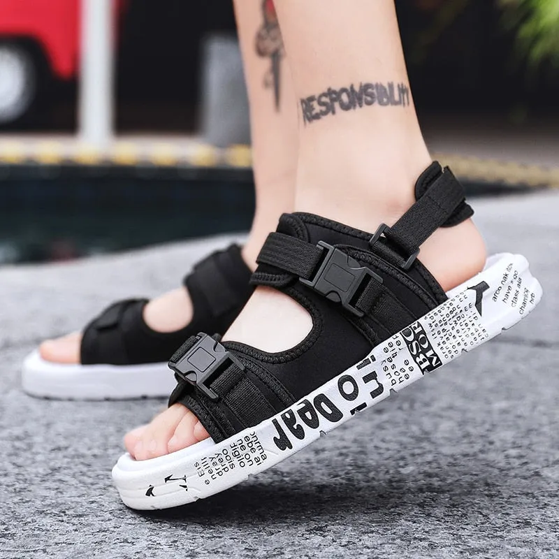 Men Black Graffiti Velcro Sandals