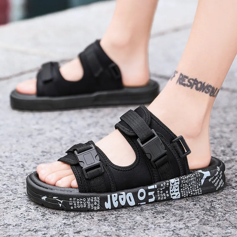 Men Black Graffiti Velcro Sandals