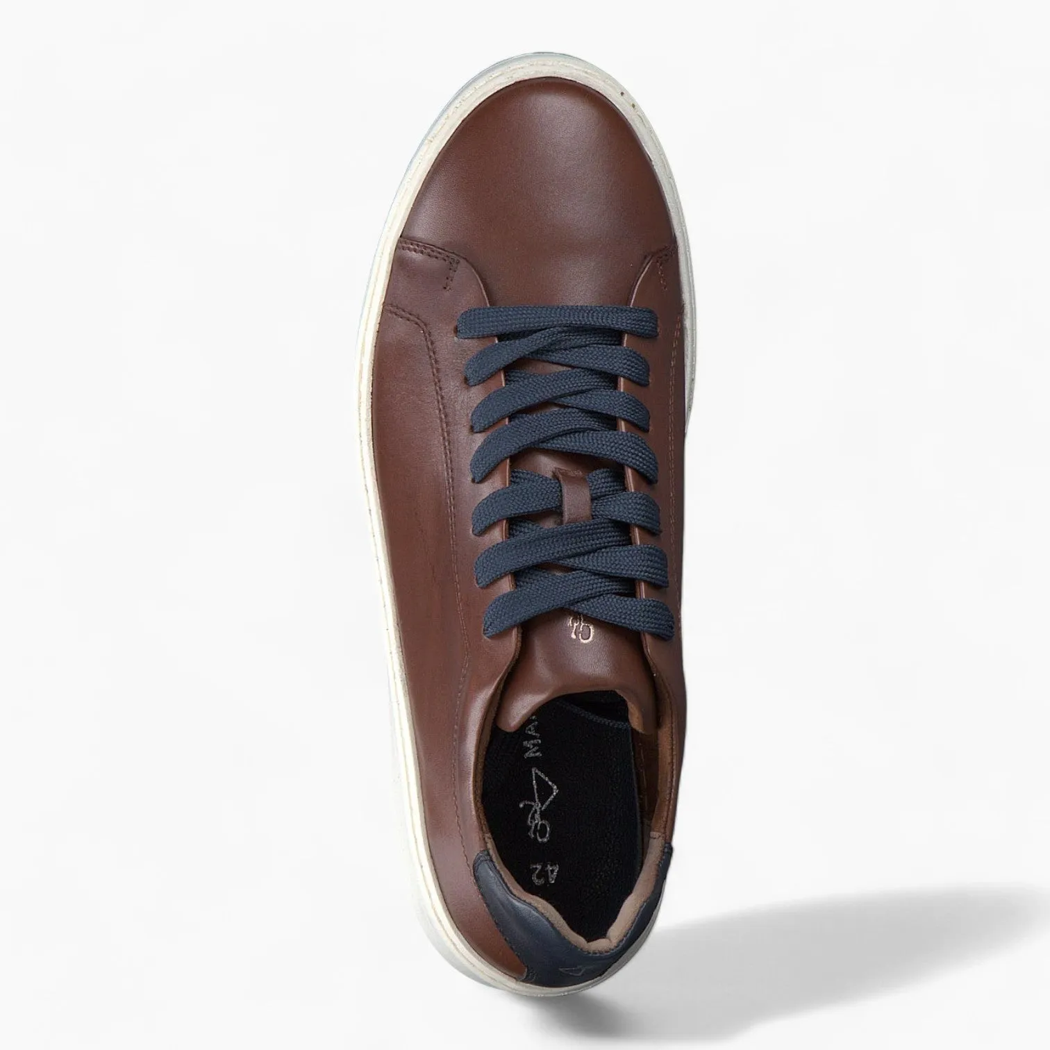 Men's Brown Leather Runner Style Trainers with Blue Accents