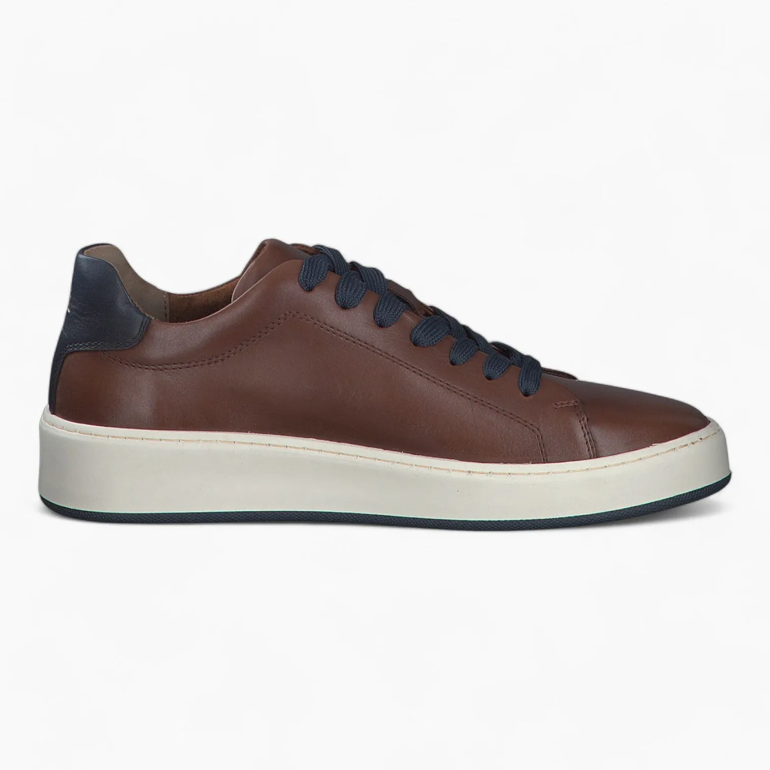 Men's Brown Leather Runner Style Trainers with Blue Accents