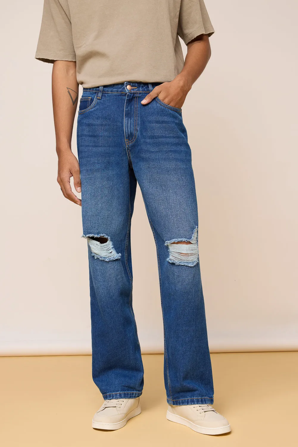 Mid Blue Denim Distressed Men's Wide Jeans