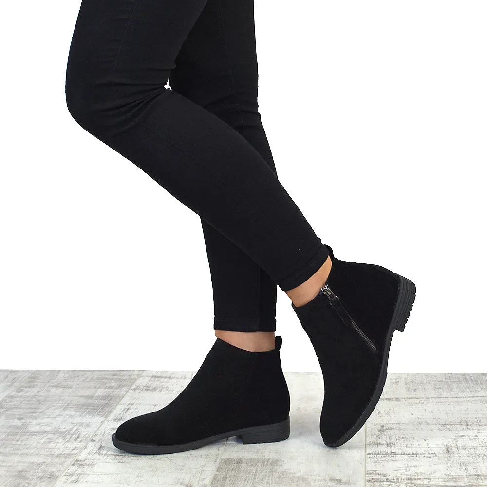 NICOLA LOW BLOCK HEEL ZIP UP DETAIL FLAT ANKLE BOOTS IN BLACK FAUX SUEDE