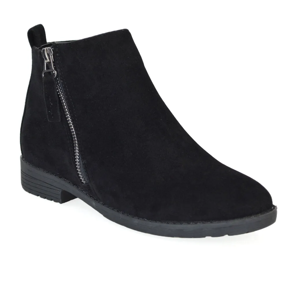 NICOLA LOW BLOCK HEEL ZIP UP DETAIL FLAT ANKLE BOOTS IN BLACK FAUX SUEDE