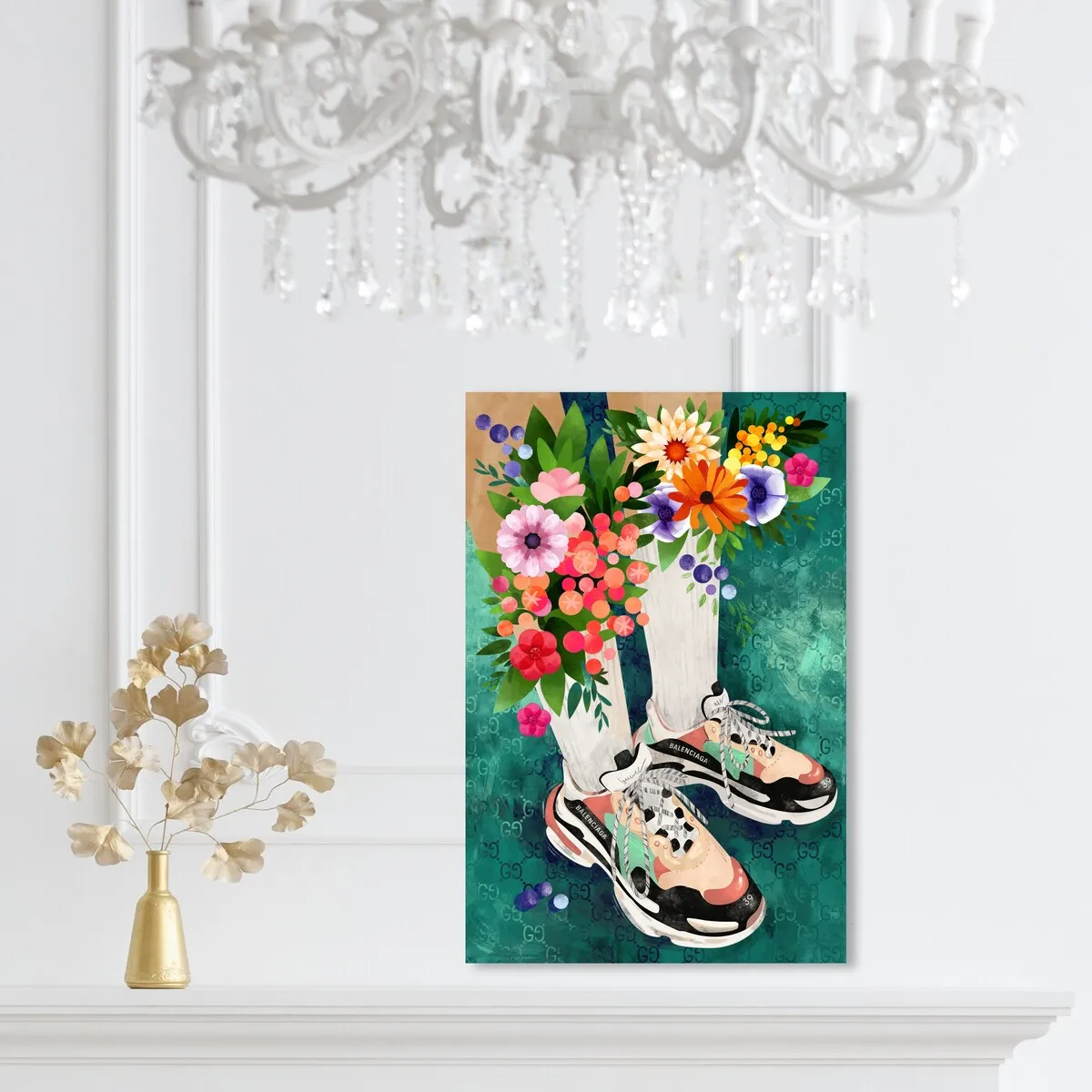 "Blooming Socks and Sneakers", Colorful floral sneaker outfit Modern Green Canvas Wall Art Print for Bedroom