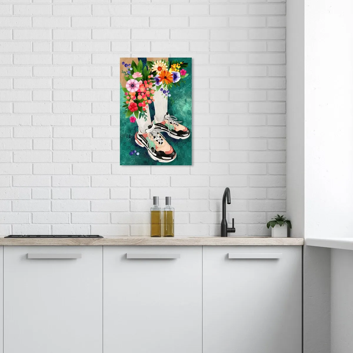 "Blooming Socks and Sneakers", Colorful floral sneaker outfit Modern Green Canvas Wall Art Print for Bedroom