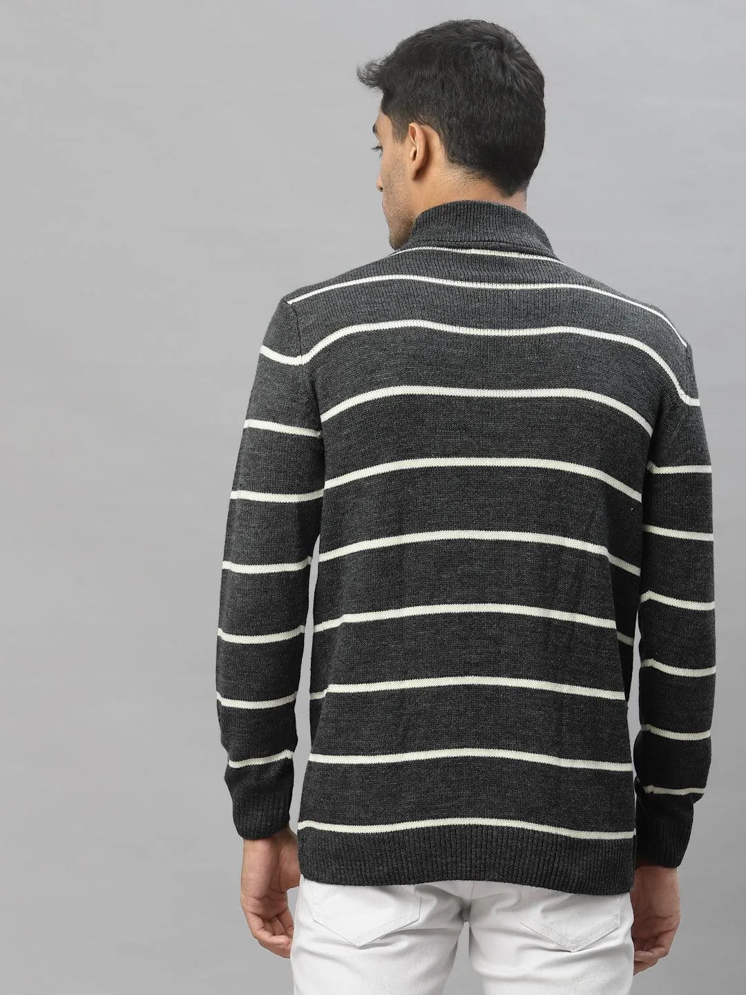 Style Quotient Men Grey & White Striped Pullover