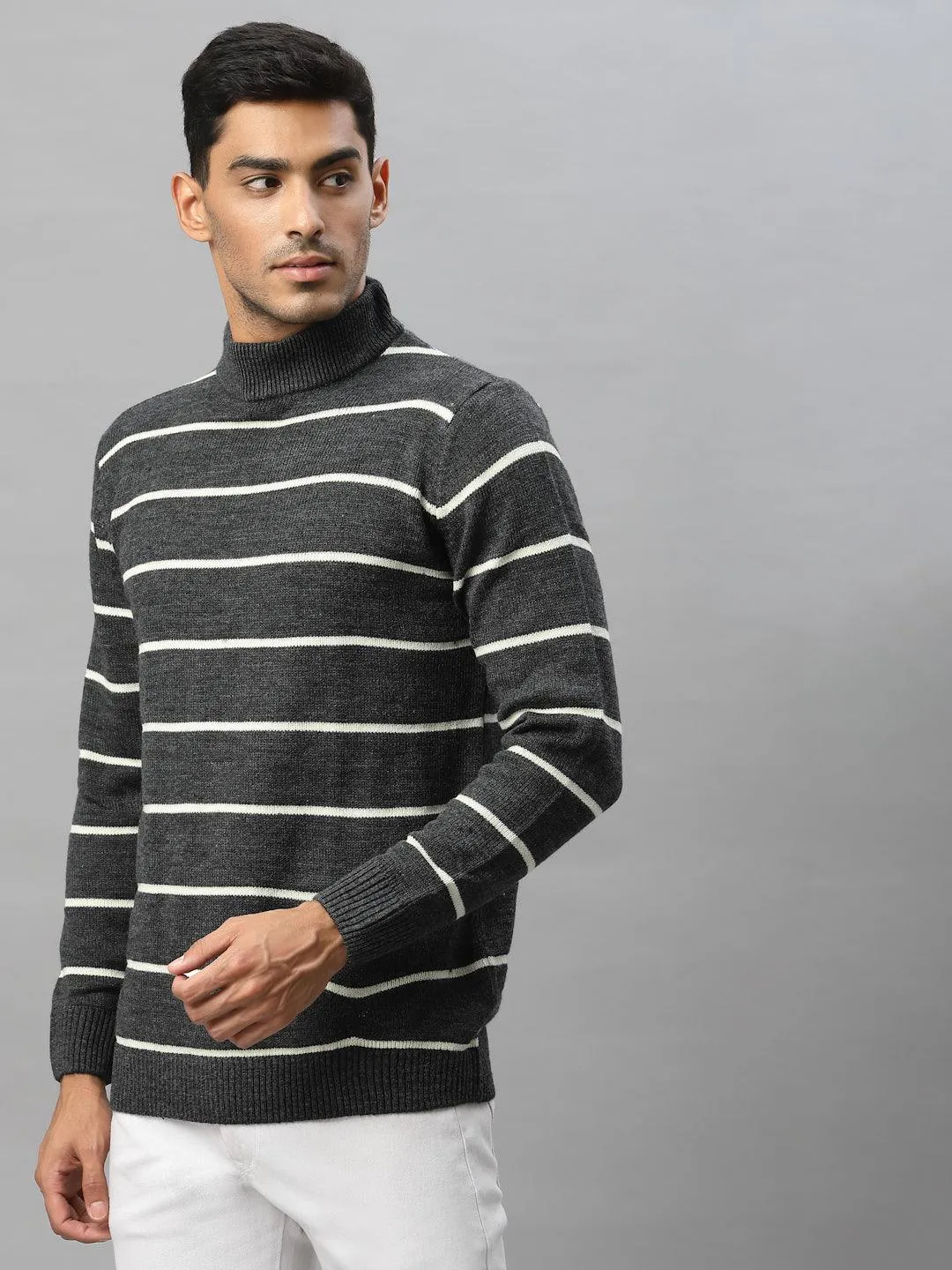 Style Quotient Men Grey & White Striped Pullover