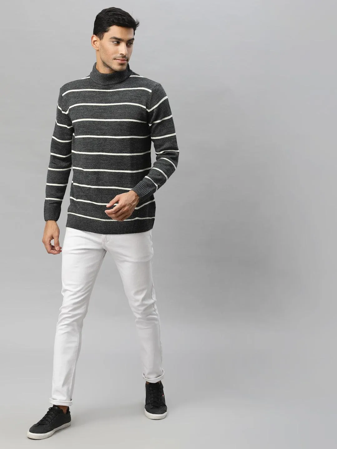 Style Quotient Men Grey & White Striped Pullover