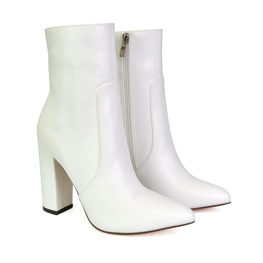 Sugar Block High Heel Zip-Up Heeled Ankle Boots With a Pointed Toe in White Synthetic Leather