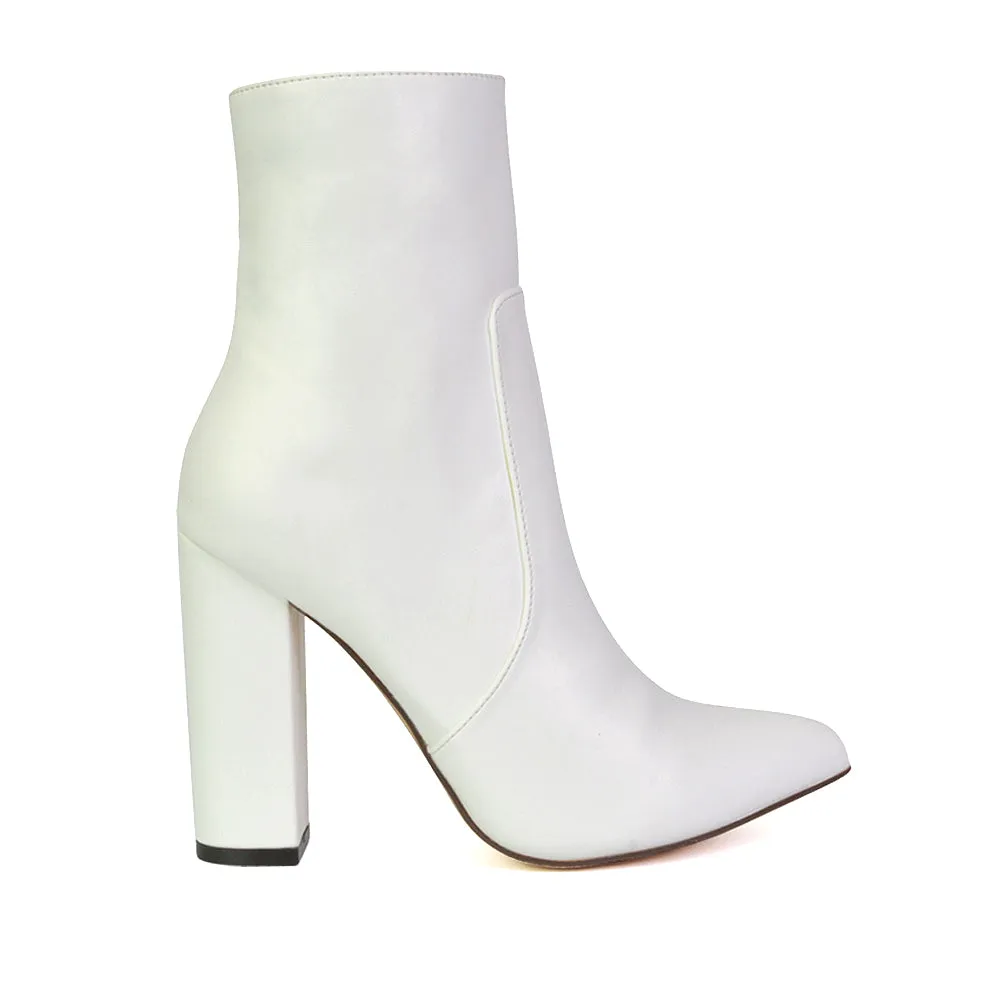 Sugar Block High Heel Zip-Up Heeled Ankle Boots With a Pointed Toe in White Synthetic Leather