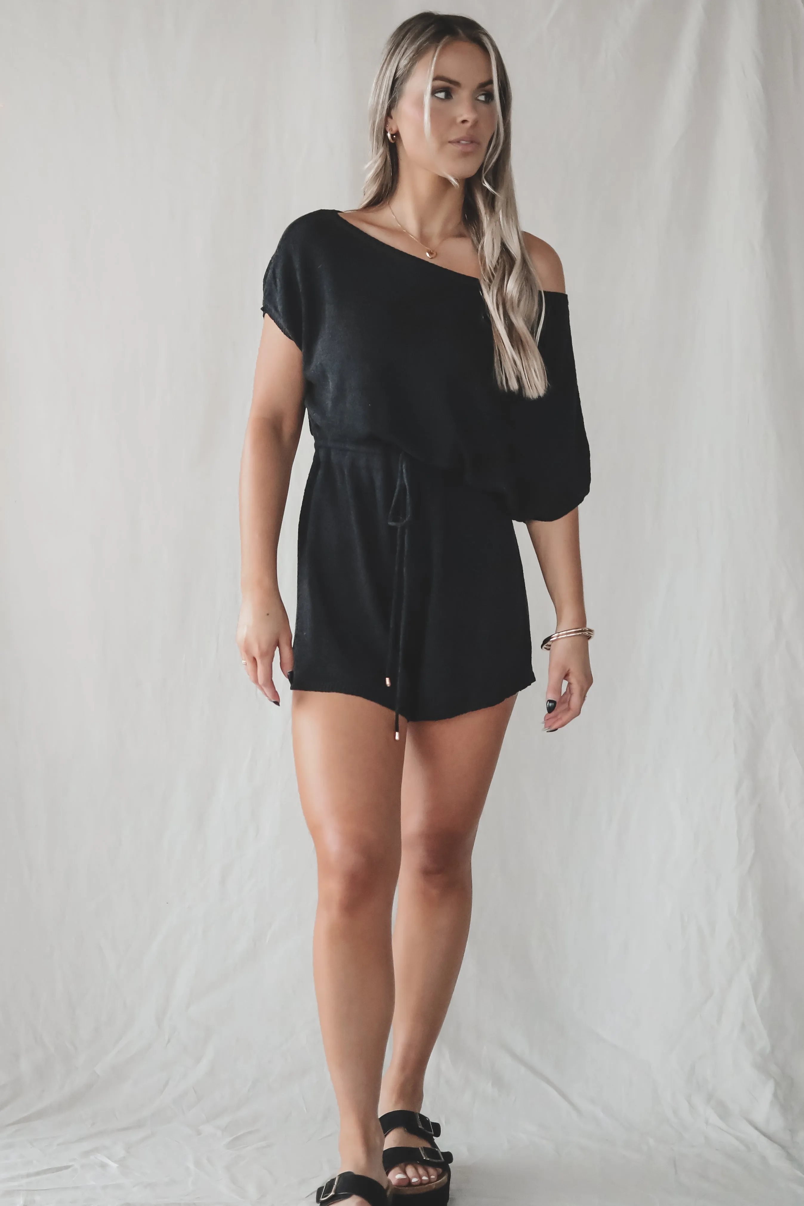 Taking A Day Off Black Knit Short Sleeve Playsuit