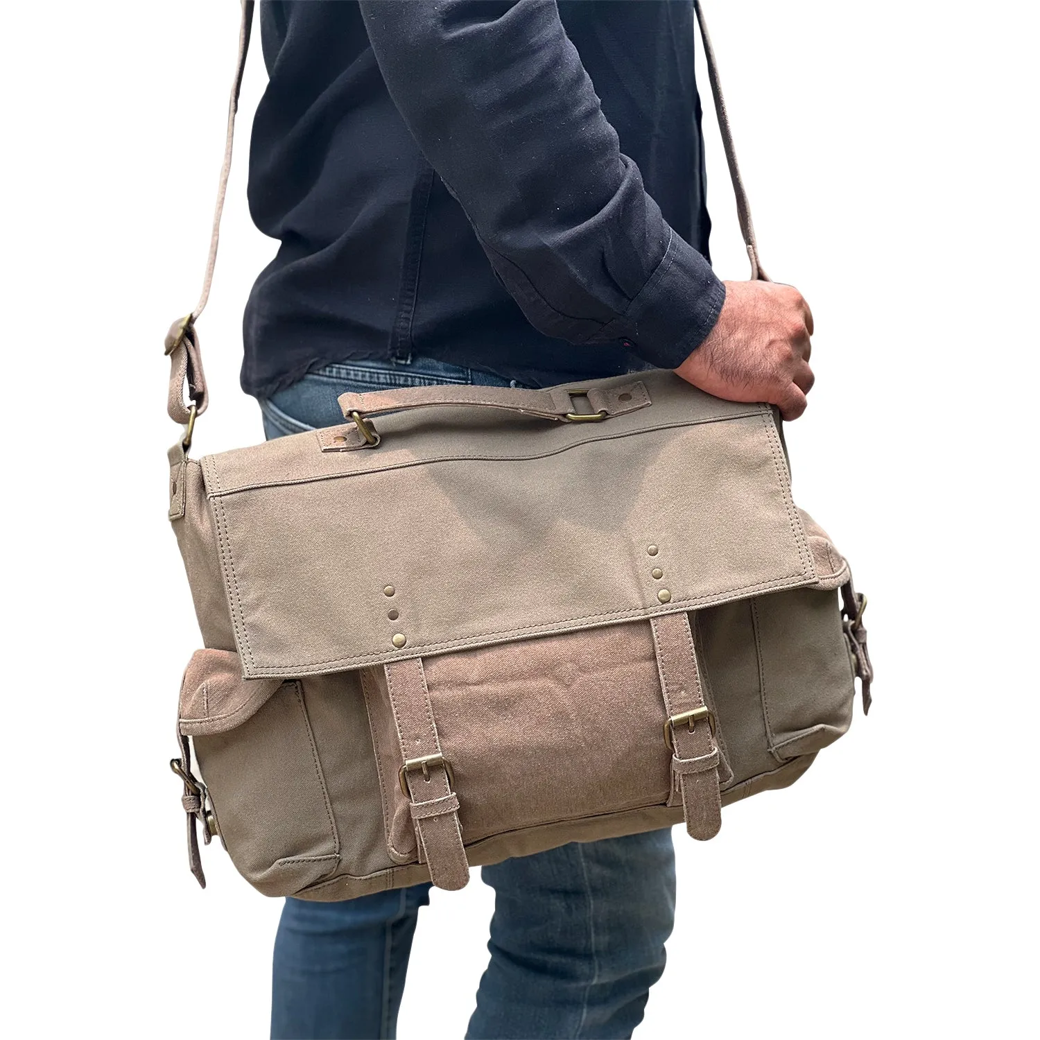 Upcycled Canvas Messenger Crossbody Laptop Bag (Moss) | Suitable for 14 inch Laptop/MacBook/Tablet